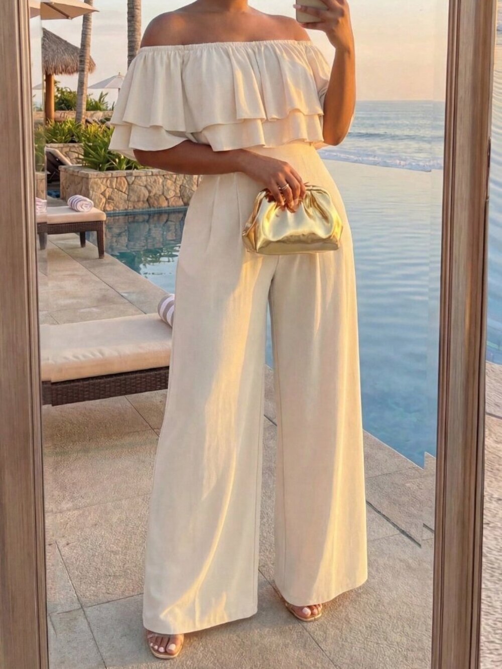 Beige Casual Women's Plus Size Shoulder Top and Wide Leg Pants Set Festival